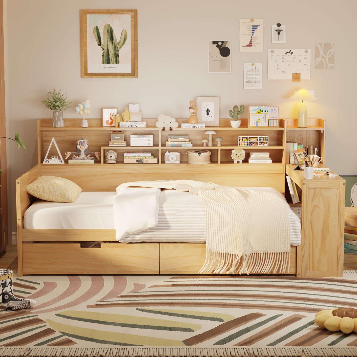 Wooden Twin Size Daybed With Storage Shelves, Multi-functional Bed With 2 Storage Drawers And  Study Desk, Natural