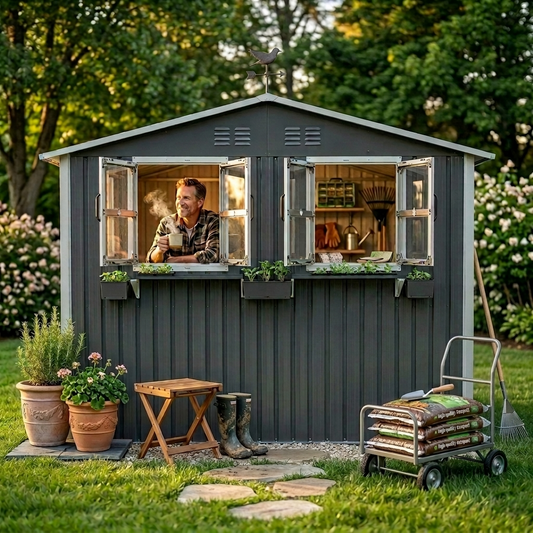 9x6 FT Outdoor Metal Storage Shed With Window & Flower Rack, Lockable Double Doors Tool Shed, Waterproof Weatherproof Garden Shed For  Patio,  Coal Gray