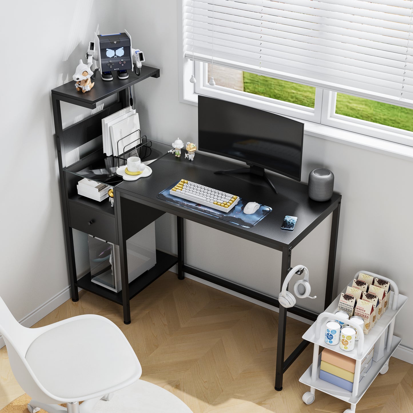 Computer Desk With Power Outlet & Storage Shelves, Study Writing Table With USB Ports Charging Station, PC Desk Workstation For Home Office, Black