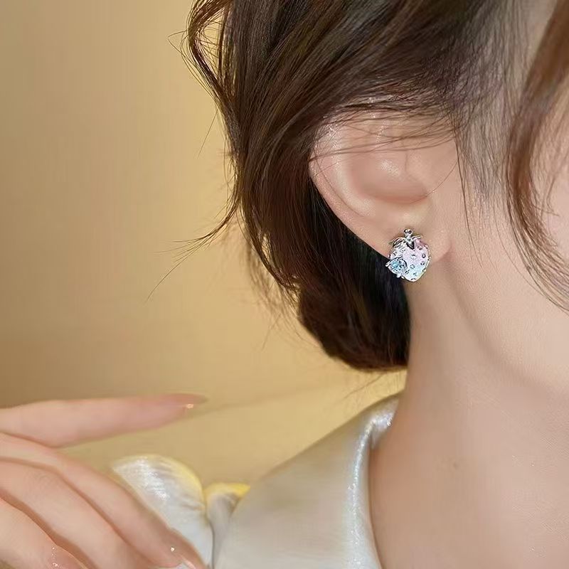 Strawberry Heart Zircon Stud Earrings For Women, Sweet Elegant Designer Jewelry,  Light Luxury Trendy Fashion Ear Accessories