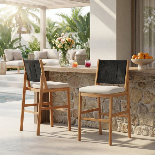 Outdoor Acacia Wood Bar Stools  Set Of 2 , Teak Finish Bar Height Chairs With Cream Cushion & Black Wicker Back, Counter Height Stools For Patio, Poolside, Kitchen Island