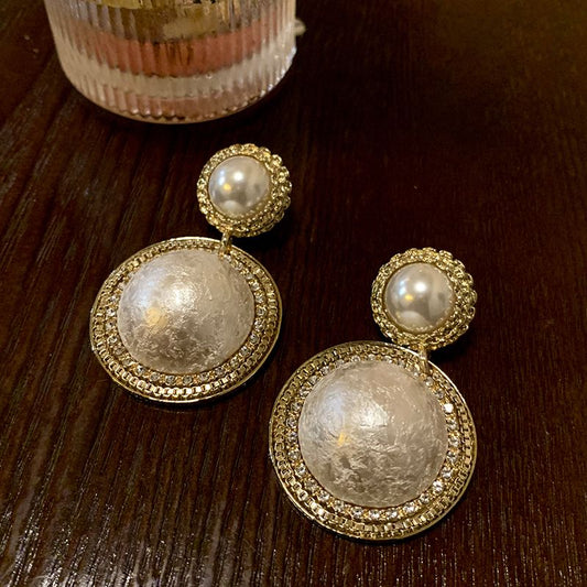 Korean Style Geometric Round Diamond-Studded Drop Earrings, Retro Cotton Pearl Earrings, Light Luxury Niche Premium Jewelry For Women