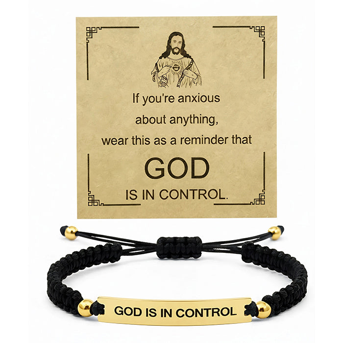 God Is In Control Engraved Bracelet, Handmade Braided Nylon Cord Cuff For Men Women, Stainless Steel Religious Christian Gift With Scripture Card