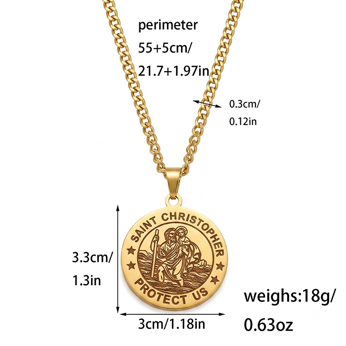 Saint Christopher Medal Coin Pendant Necklace, Gold Silver Two Tone Stainless Steel Curb Chain, Travel Religious Neck Jewelry, Men Women Faith Commute Holiday Gift