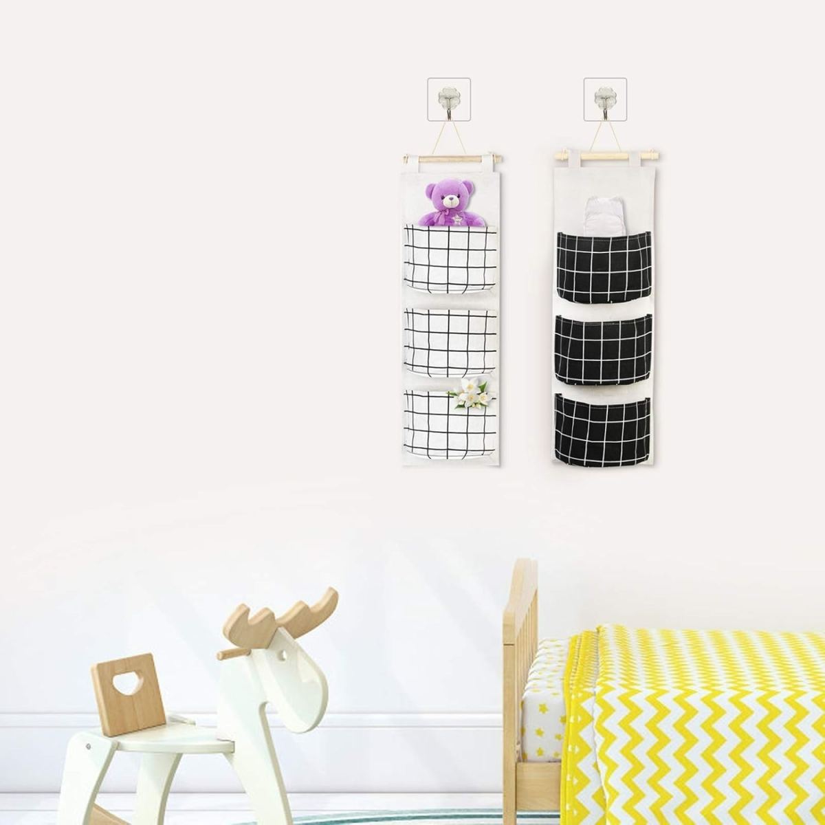 2-piece Set Of Hanging Storage Bags With Various Patterns In Black And White, Featuring 3 Bags, Suitable For Living Rooms, Bathrooms, Bedrooms, Offices, And Doors