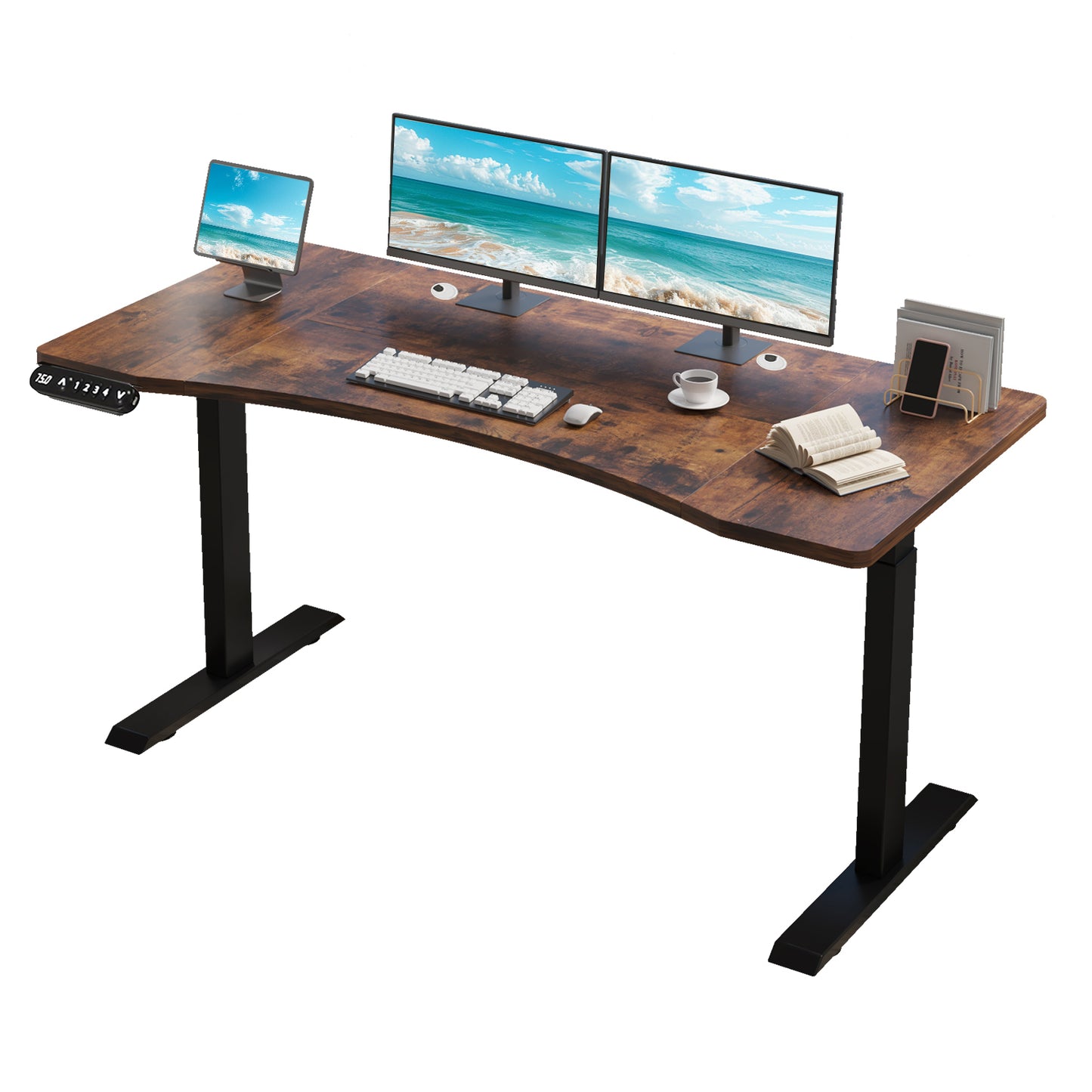 63x30 Dual Motor Curve Design Height Adjustable Electric Standing Desk Height Stand Up Computer Desk,Sit And Stand Home Office Desk With Splice Board Rustic Brown Desktop Dual Motor Black Frame