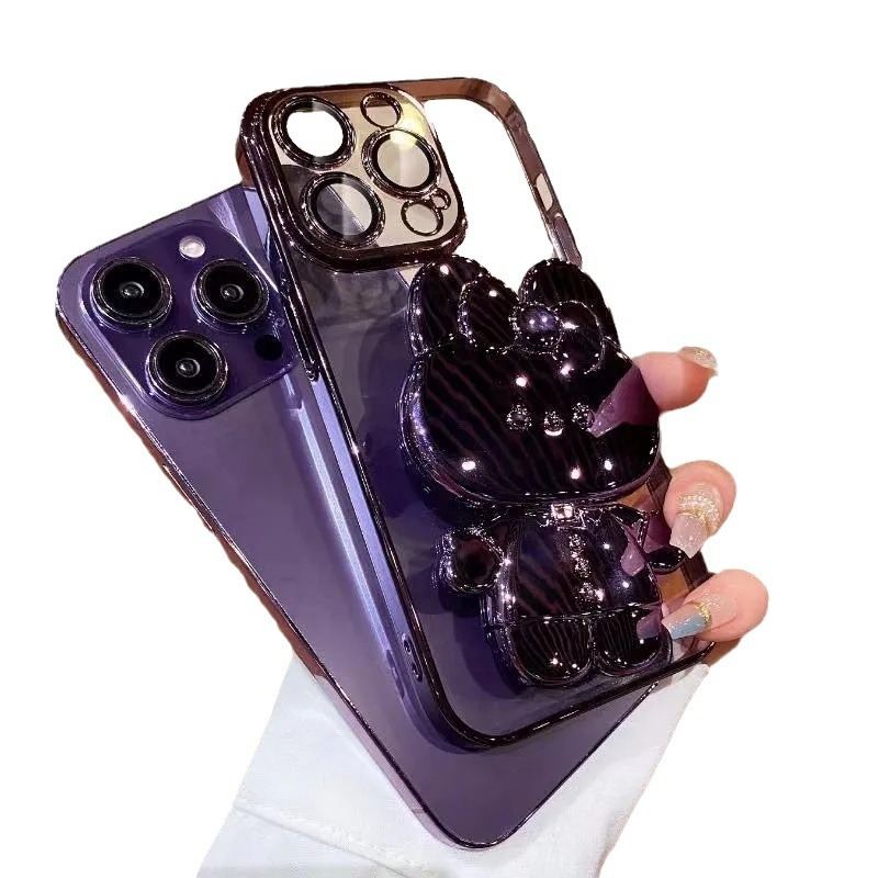 Electroplated Rabbit Stand Phone Case With Makeup Mirror Gradient Protective Cover
