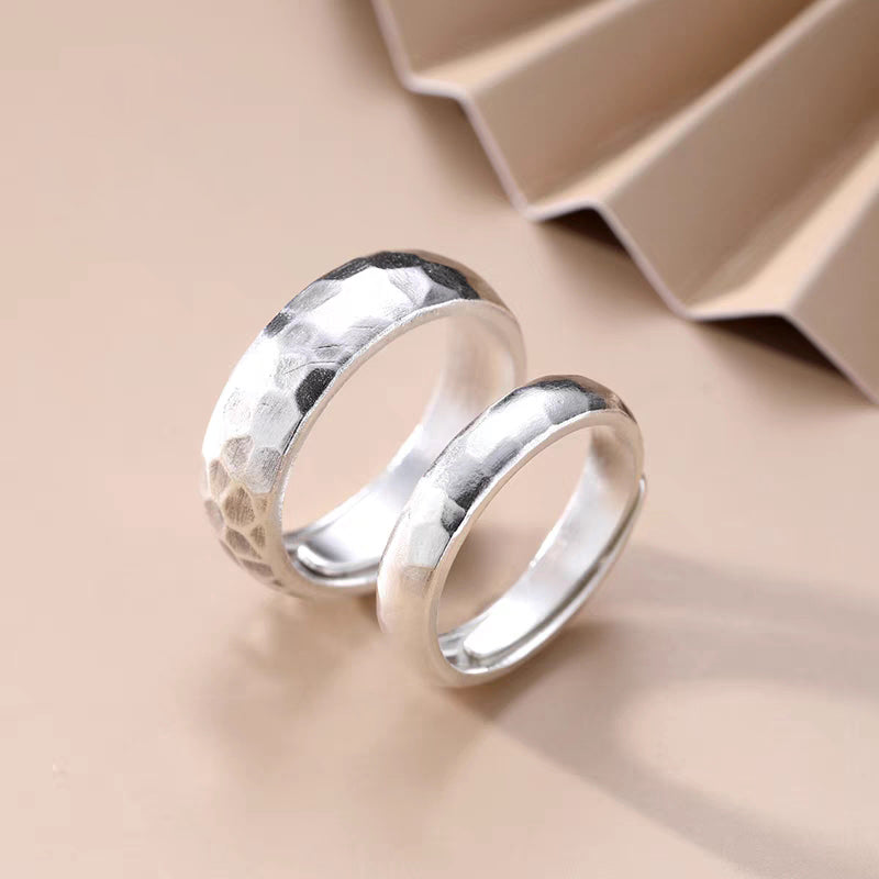 1 Pair 999 Sterling Silver Hammered Texture Couple Rings, Minimalist Retro Promise Rings, Ideal Valentine's Day Gift For Lovers