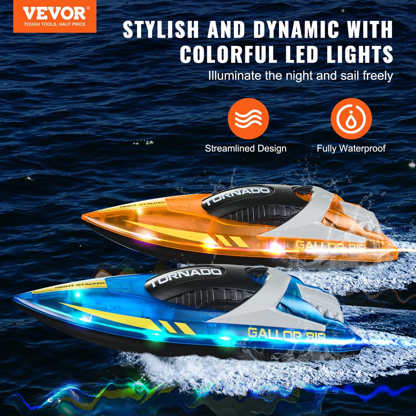 RC Boat, 2 Pack 2.4GHz 12 Km/h, Remote Control Boat For Pools & Lakes, Racing Boat With LED Light, 4 Rechargeable Batteries, Whole Body Waterproof, Gift For Adults Boys & Girls, Blue & Orange