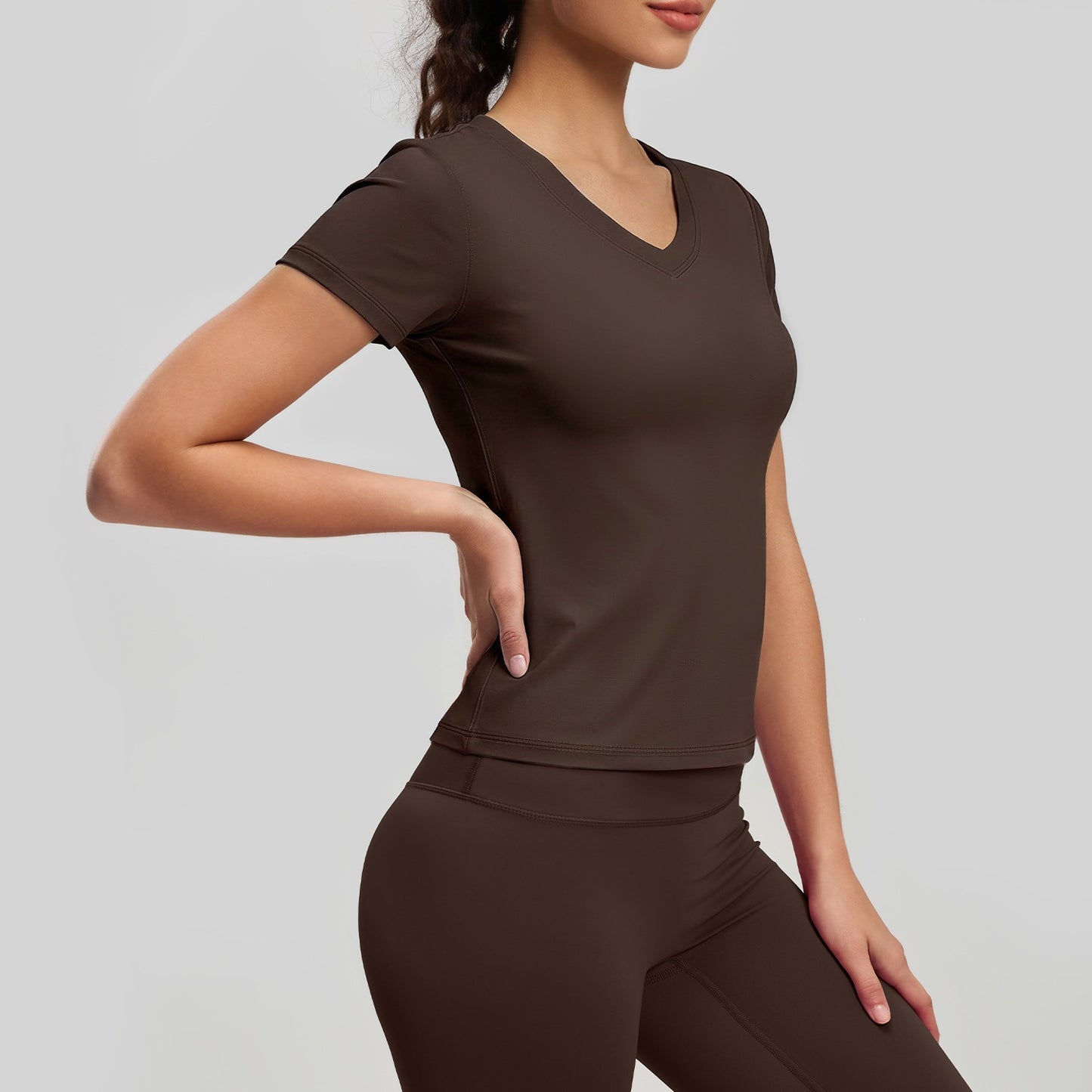 Peach Basic V-neck Short Sleeve Sports Top, Breathable Slim-fit Yoga Shirt For Fitness And Running