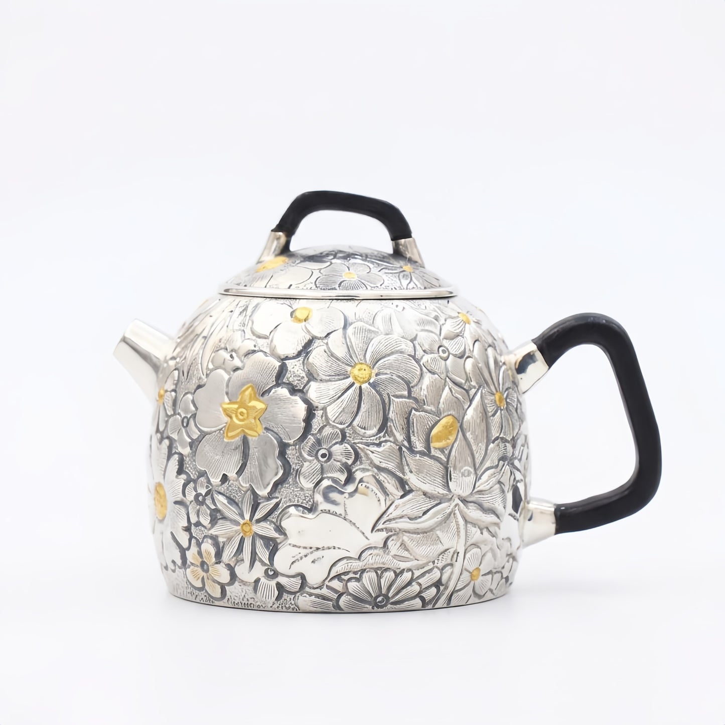 Pure 999 Fine Silver Ornate Silver Tea Vessel Featuring Floral Reliefs and Sleek Black Handles - Handicraft