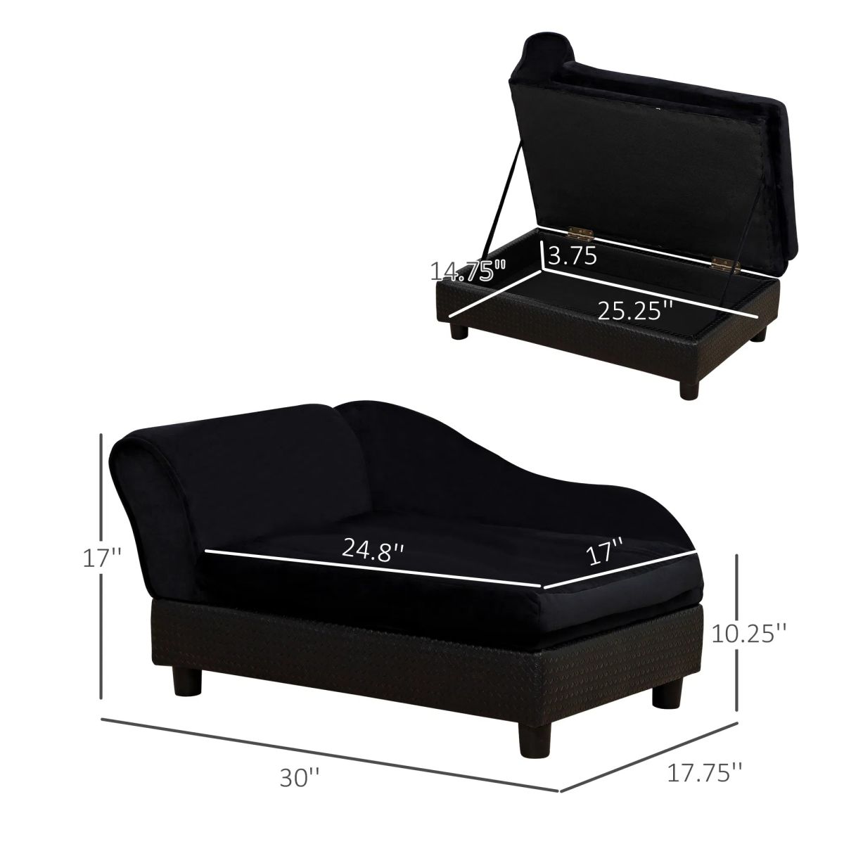 Luxury Dog Bed For Small Dogs, Hidden Storage, 3 In Foam Cushion, Modern Pet Sofa, Black