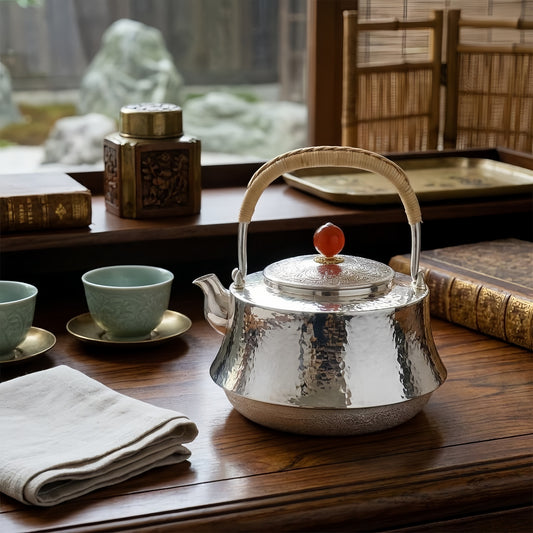 925 Sterling Silver Elegant Hand-Hammered Silver Tea Kettle with Woven Handle and Red Bead Ornament - Handicraft