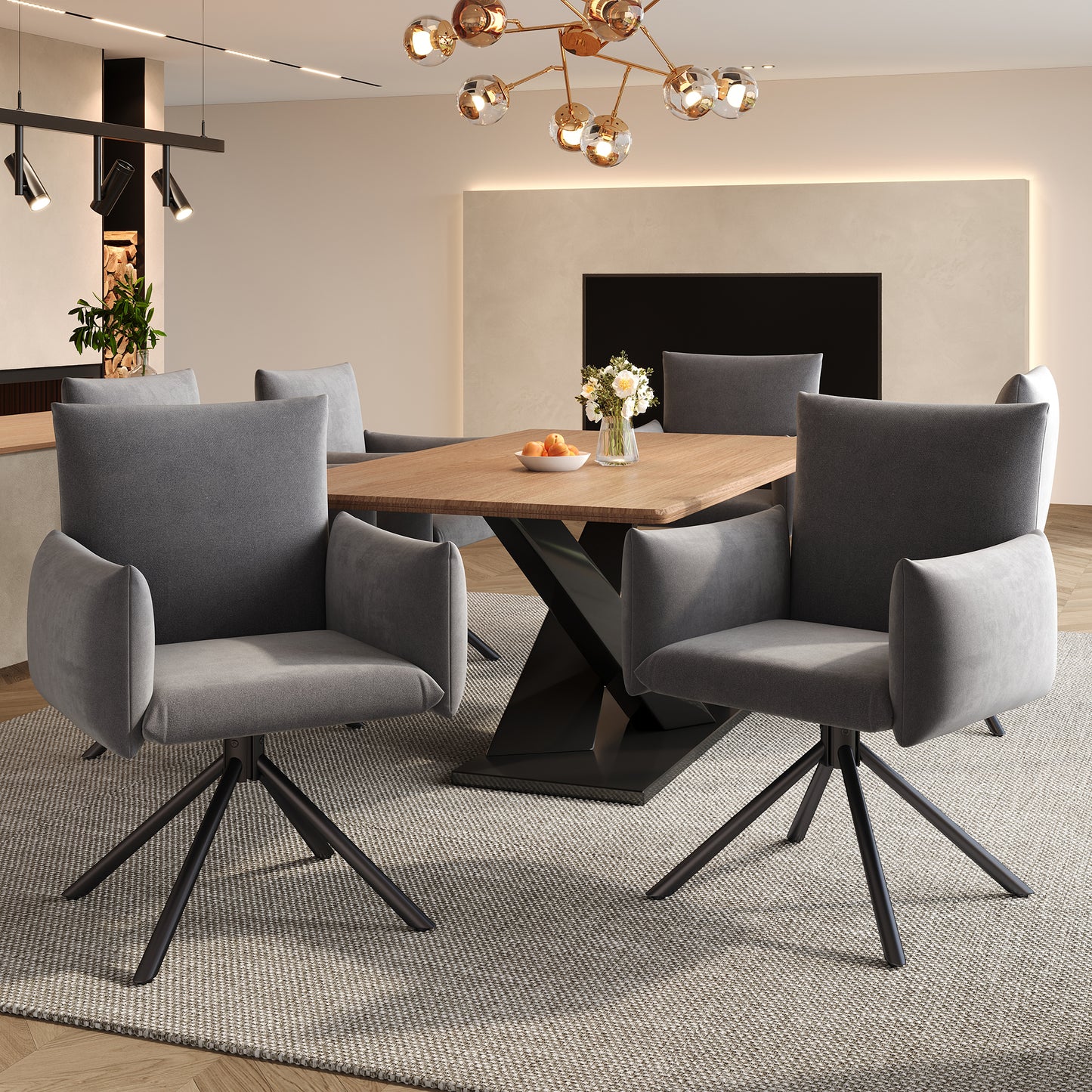 Set Of 4 Dining Chairs, Upholstered Armchair With 4 Metal Legs, 360 Casual Swivel Chair, Living Room Bedroom Chair, Work And Desk Chair, Lumbar Support, Velvet, Grey