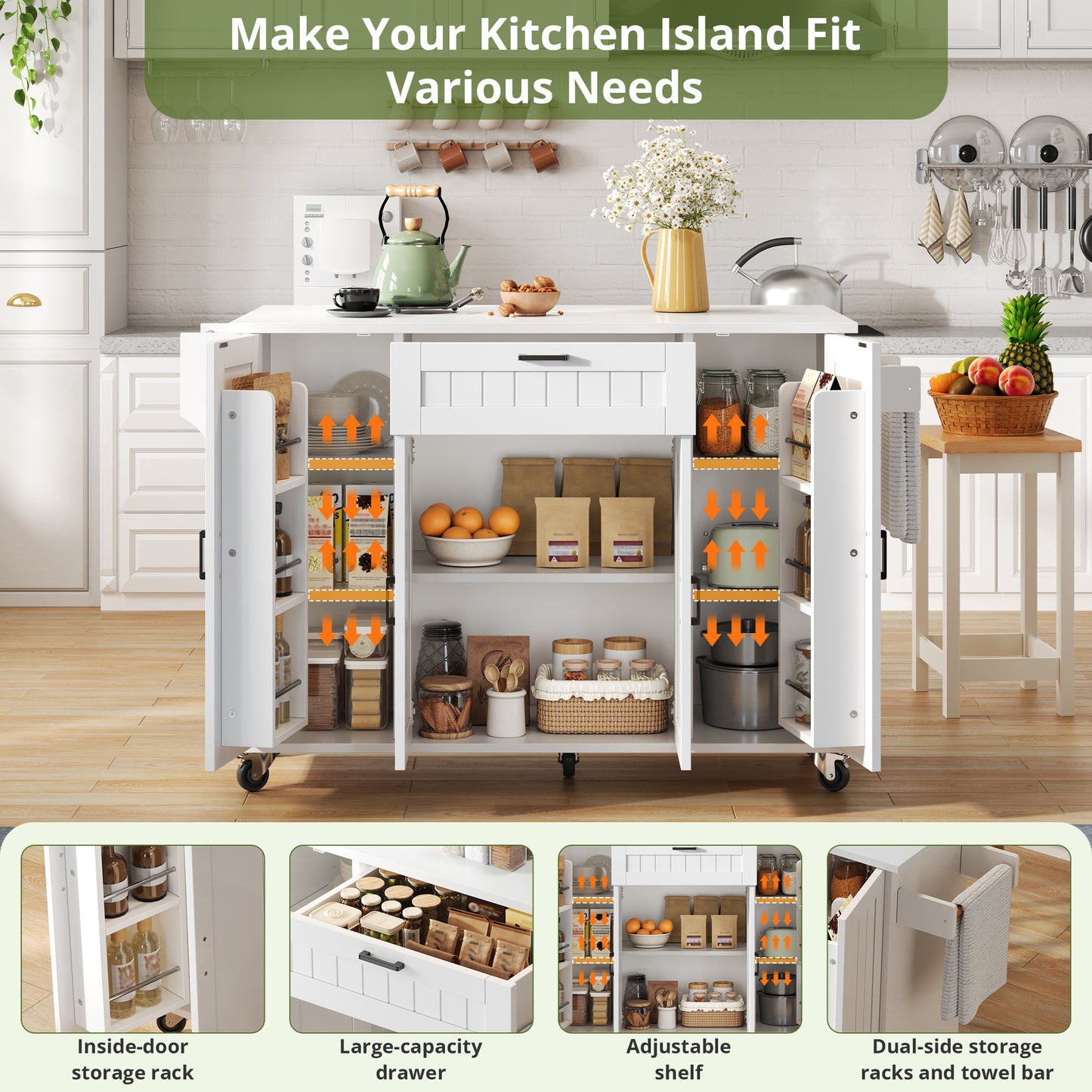Kitchen Island With Folding Worktop, Kitchen Trolley On Wheels, Kitchen Cabinet With 4 Doors And 1 Drawer, Integrated Spice Racks In The Doors, Double-sided Towel Rails, White,120x45 -70x95