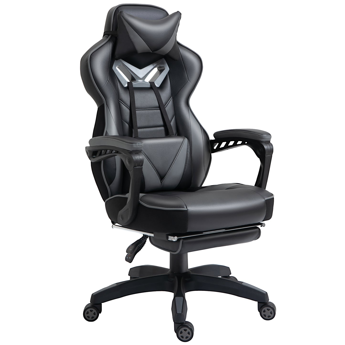 Vinsetto Computer Gaming Chair, Racing Desk Chair With Lumbar Support And Footrest, PU Leather Gamer Chair With Headrest And Swivel Wheels For Home, Grey