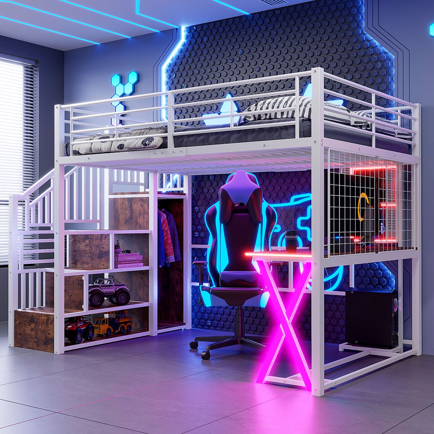 Loft Bed, 140x200cm, With LED Lights, Storage Ladder, Desk, Wardrobe, Shelves, Without Mattress, White