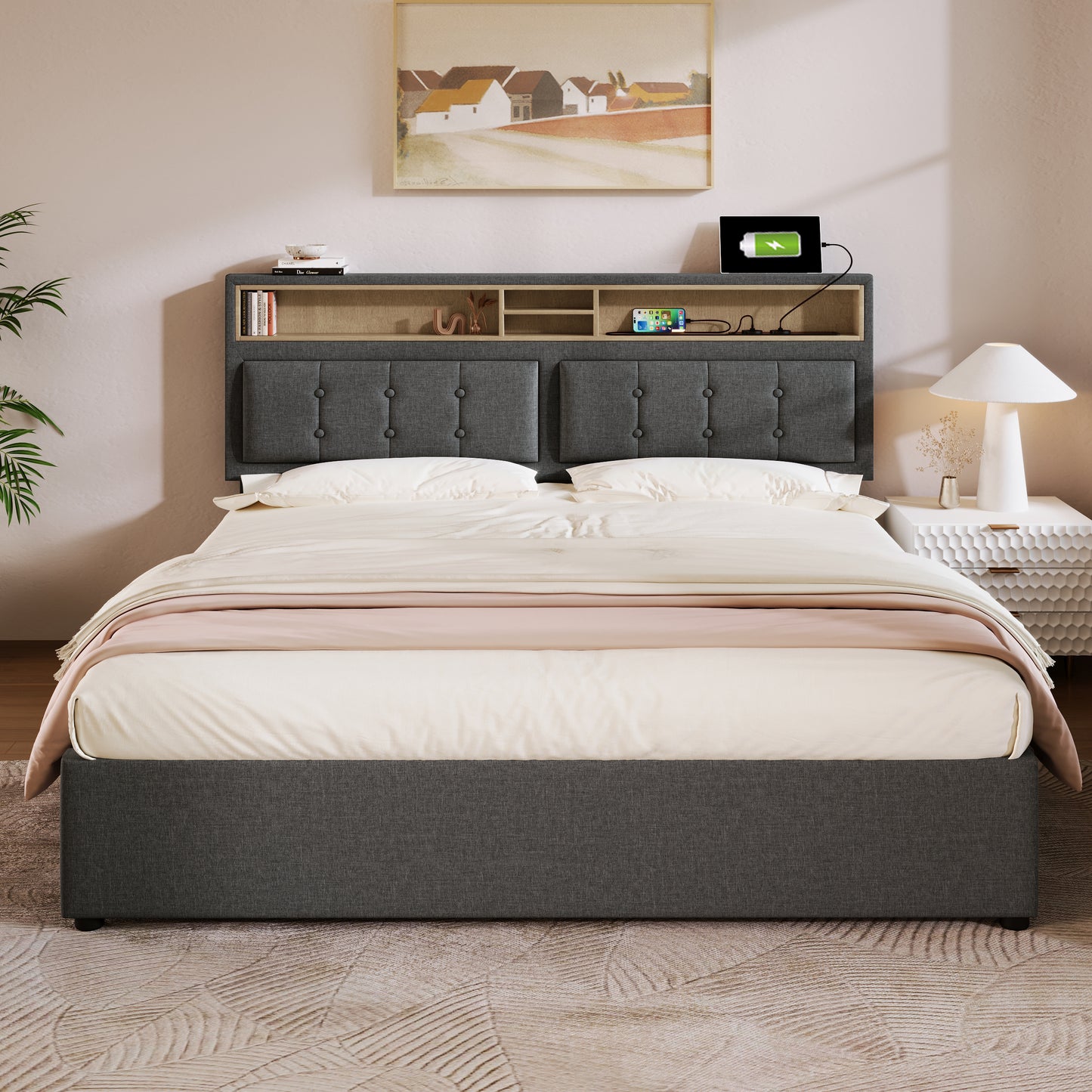Upholstered Bed Double Bed With USB C Socket Charging Function Headboard, Storage Beds Bed Frame Made Of Linen Material Youth Bed 140x200 With Slatted Base Without Mattress
