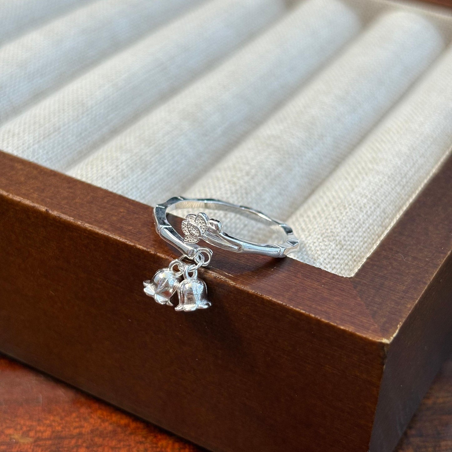 1pc 999 Sterling Silver Bamboo & Lily Of The Valley Charm Open Ring, Fresh Chinese Style, Perfect For Daily & Valentine's Gift