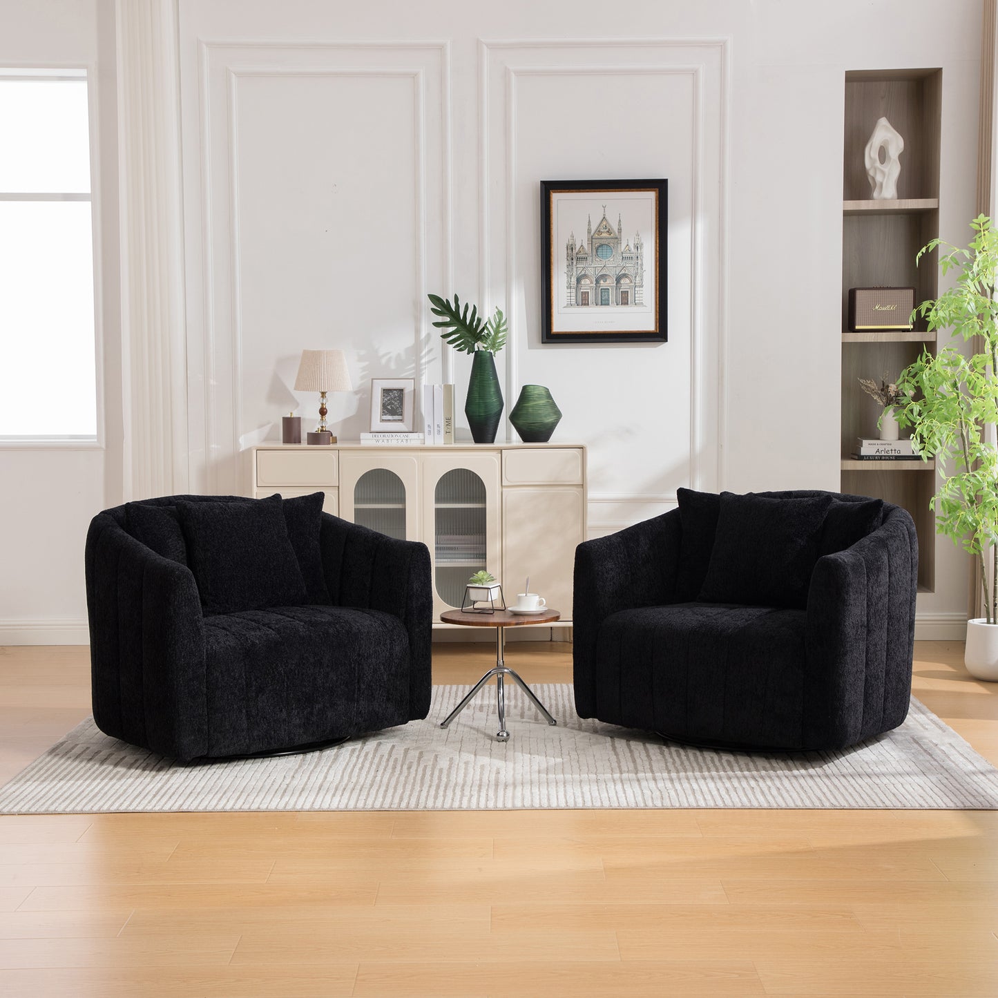39 W Upholstered Oversized 360 Swivel Accent Barrel Chair And Half Cozy Sofa With 3 Pillows, Channel Tufted Pumpkin-Shape Club Armchair For Living Room, Bedroom, Office, Lounge, Chenille Black