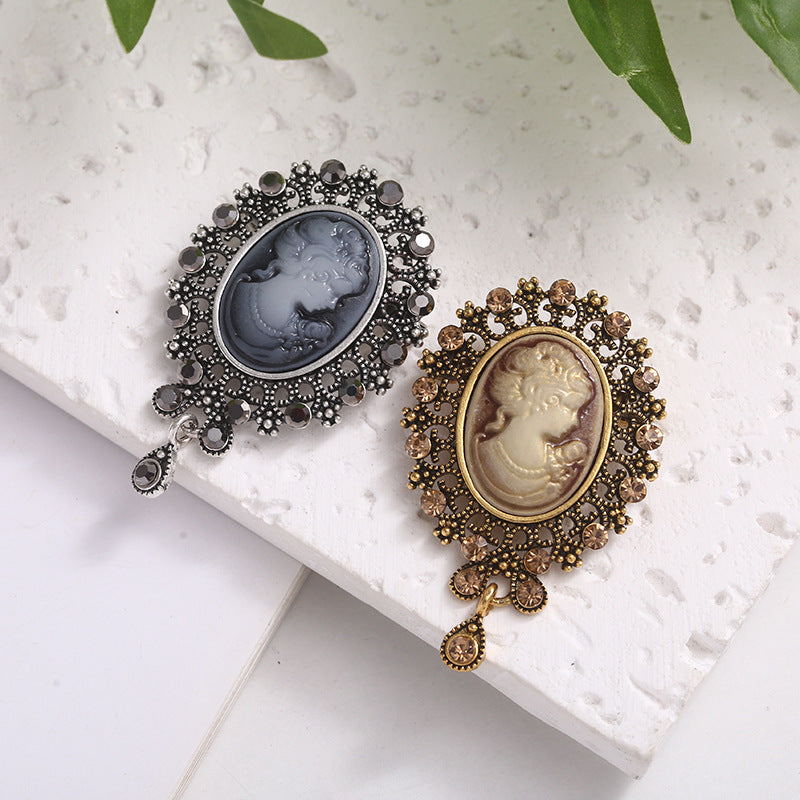 Retro Beauty Head Series Crystal Tassel Brooch