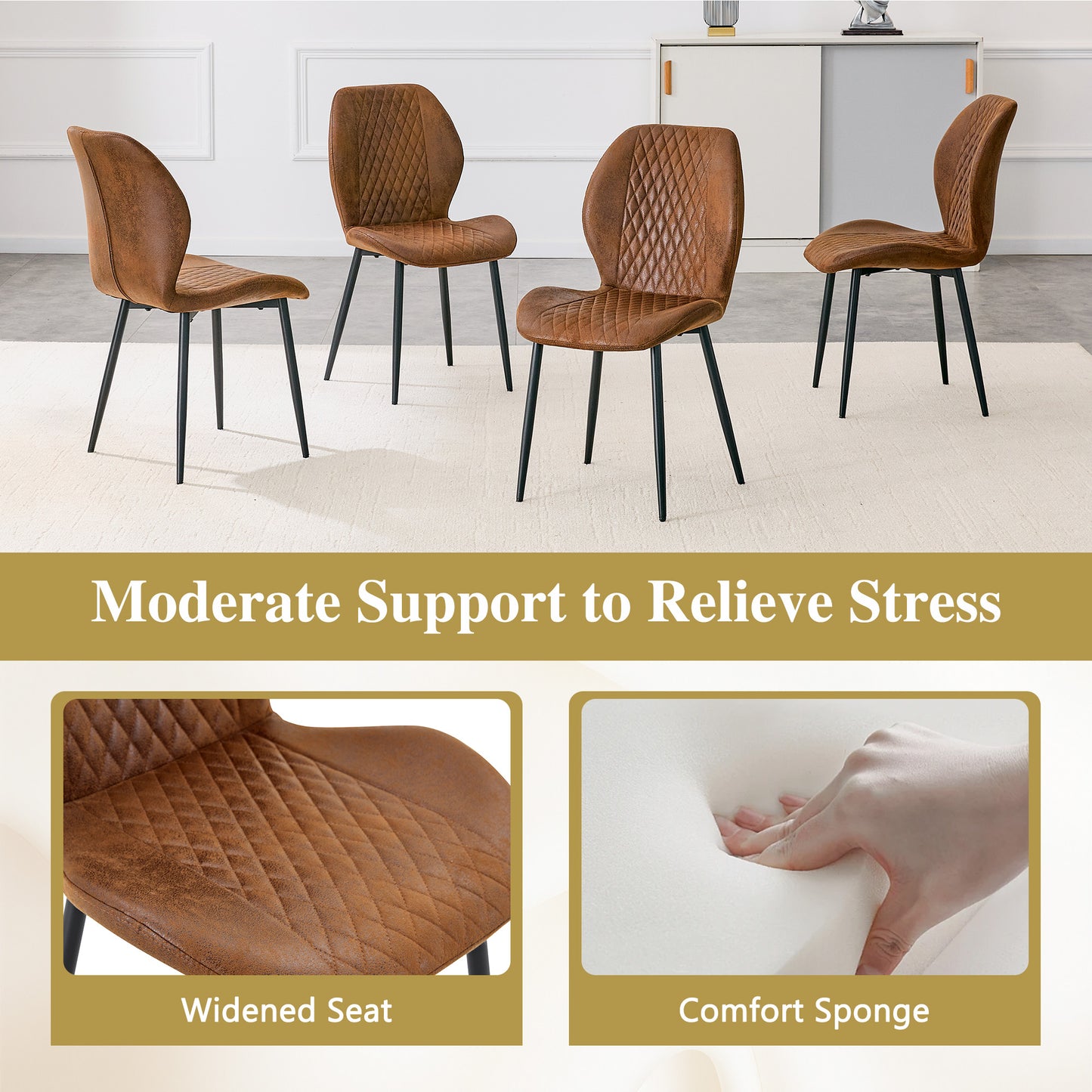 4-piece Set Of Modern Luxury Brown Quilted Technology Fabric Dining Chairs With Black Metal Legs - Suitable For Home Restaurants, Commercial Cafes, And Multiple Scenarios.