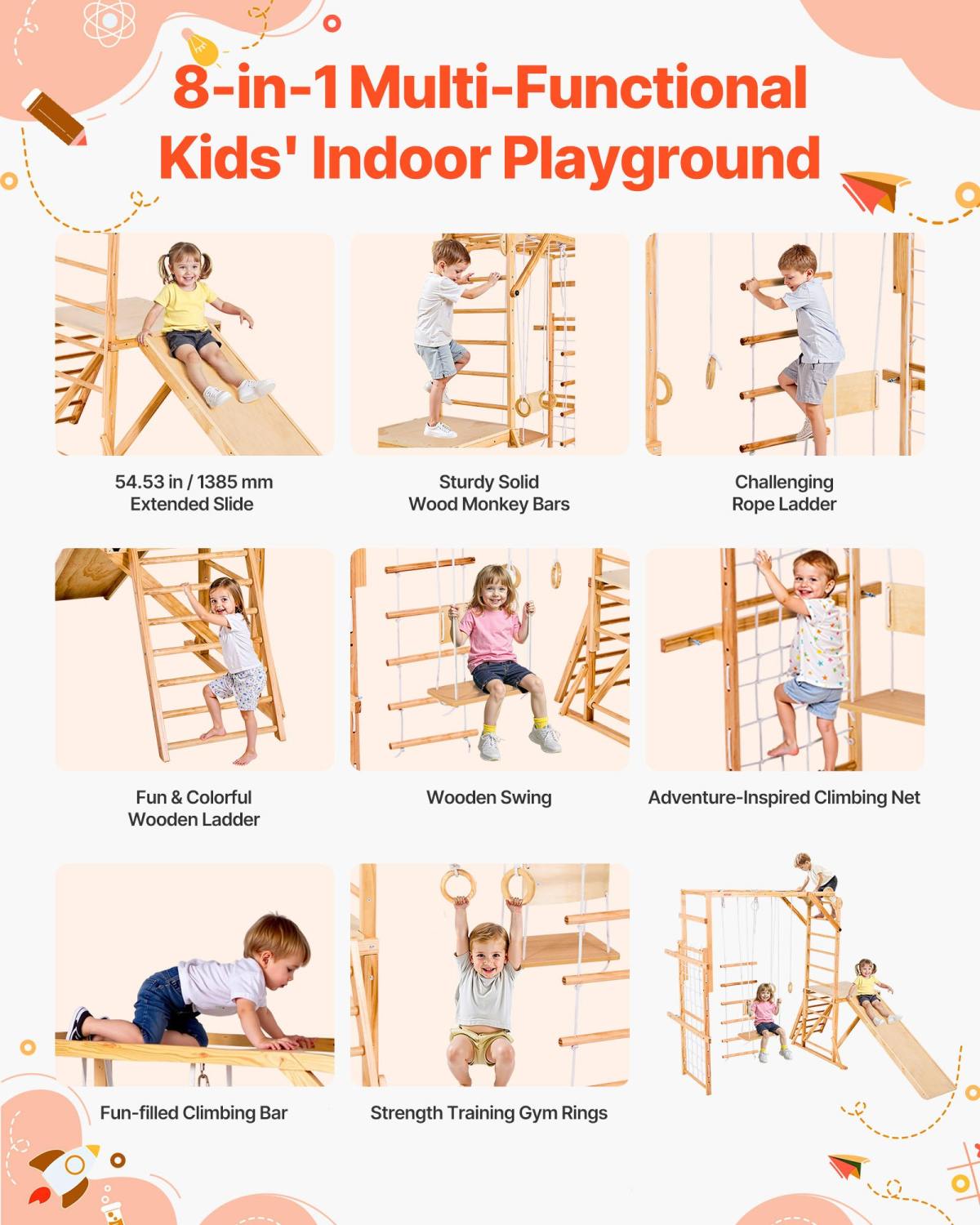 Indoor Playground Jungle Gym, 8-in-1 Wooden Indoor Playground For Kids, 220LBS Montessori Climbing Toys Playset With Slide, Swing, Monkey Bar, Gym Rings, Wooden / Rope Ladder, Climbing Net & Bar