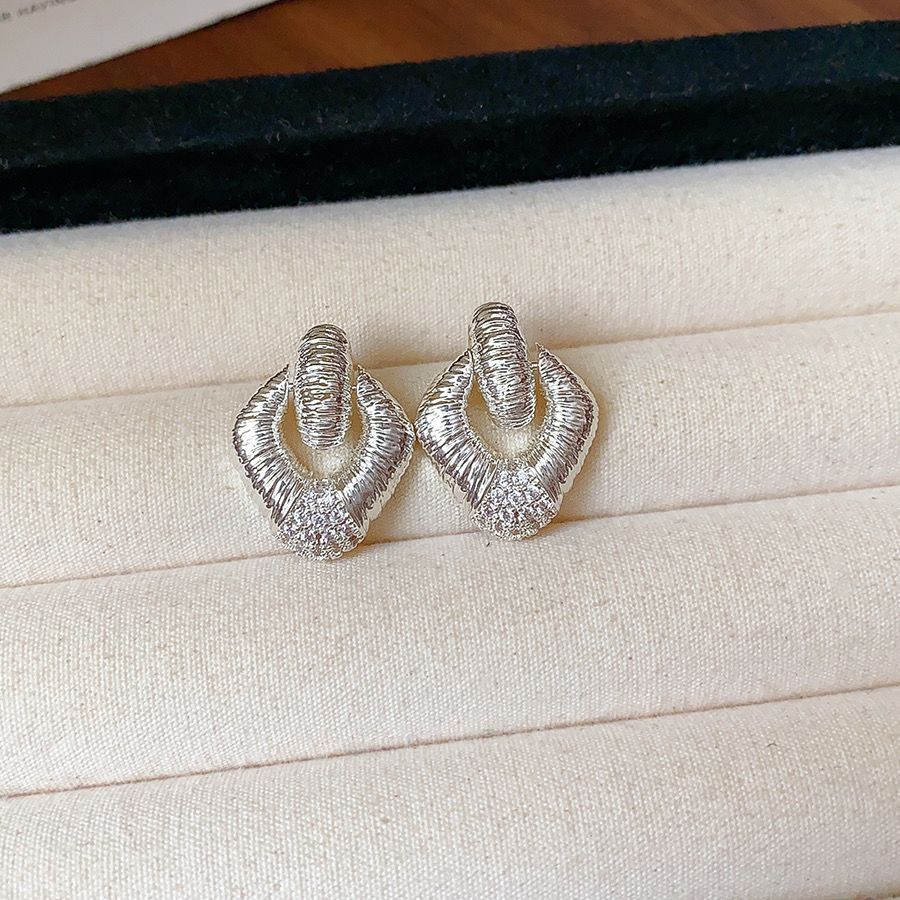 Diamond Studded Rhombus Geometric Earrings, Luxury Chic Women's Fashion Jewelry
