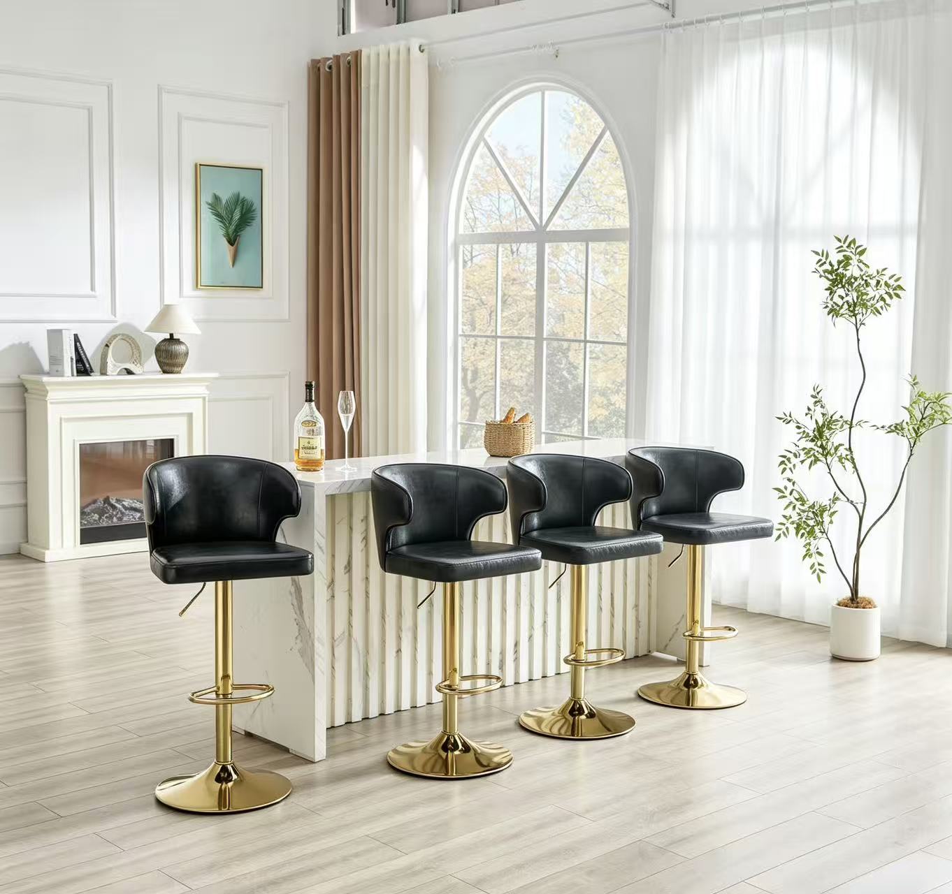 Modern Rotating Adjustable Bar Chair, PU Leather Belt Backrest Swivel Chair, Suitable For Kitchen Bar Counter And Dining Room, Adjustable Height, Capable Of Bearing 300 Pounds  Black -4 Pieces