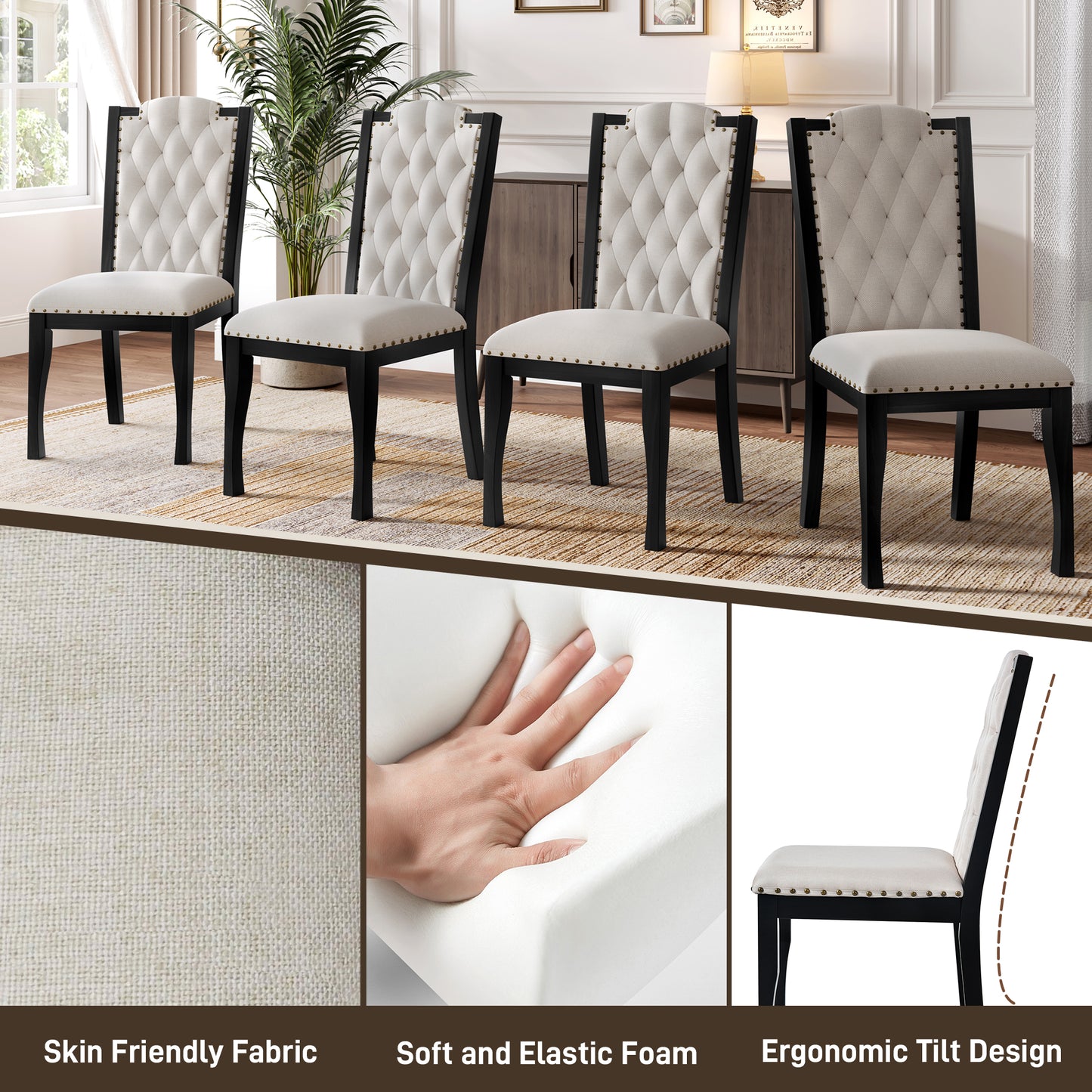 Upholstered Dining Chairs Set Of 4, High Back Diamond Button Tufted Kitchen Chairs With Solid Wood Legs And Nailhead Trims For Dining Room, Living Room, Restaurant, Biege Black