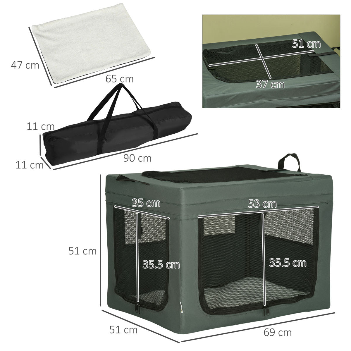 PawHut 69cm Pet Carrier, With Cushion, For Miniature And Small Dogs - Grey
