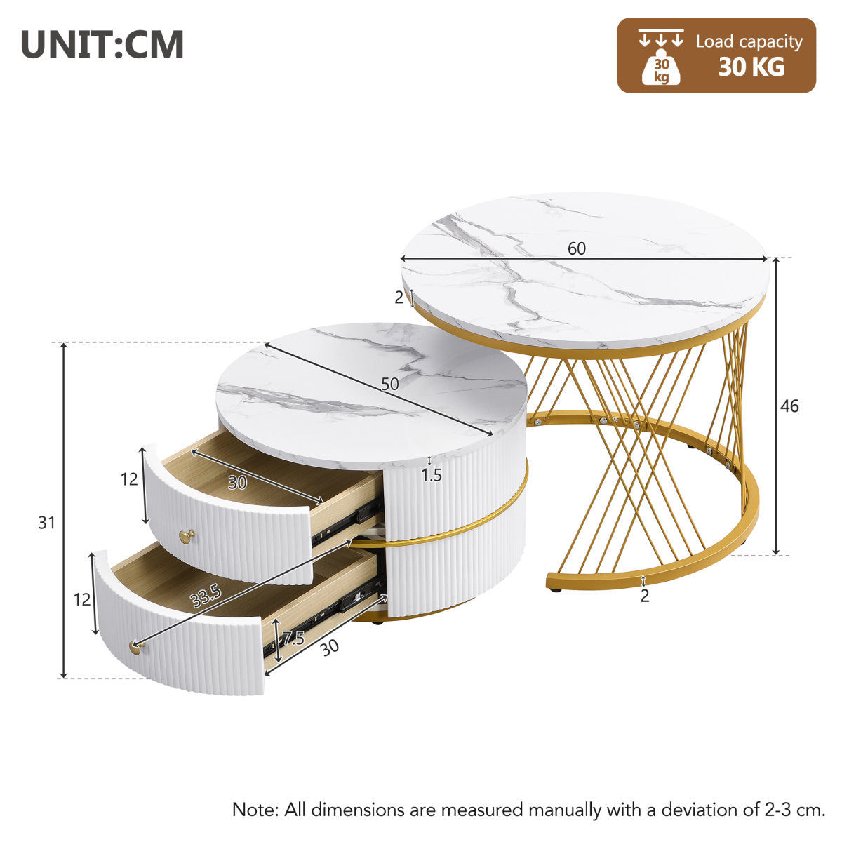 High Gloss Round Nesting Coffee Table With Marble Top, End Table, White & Black Nesting Coffee Table Set Of 2 Center Table With Storage Drawers For Living Room