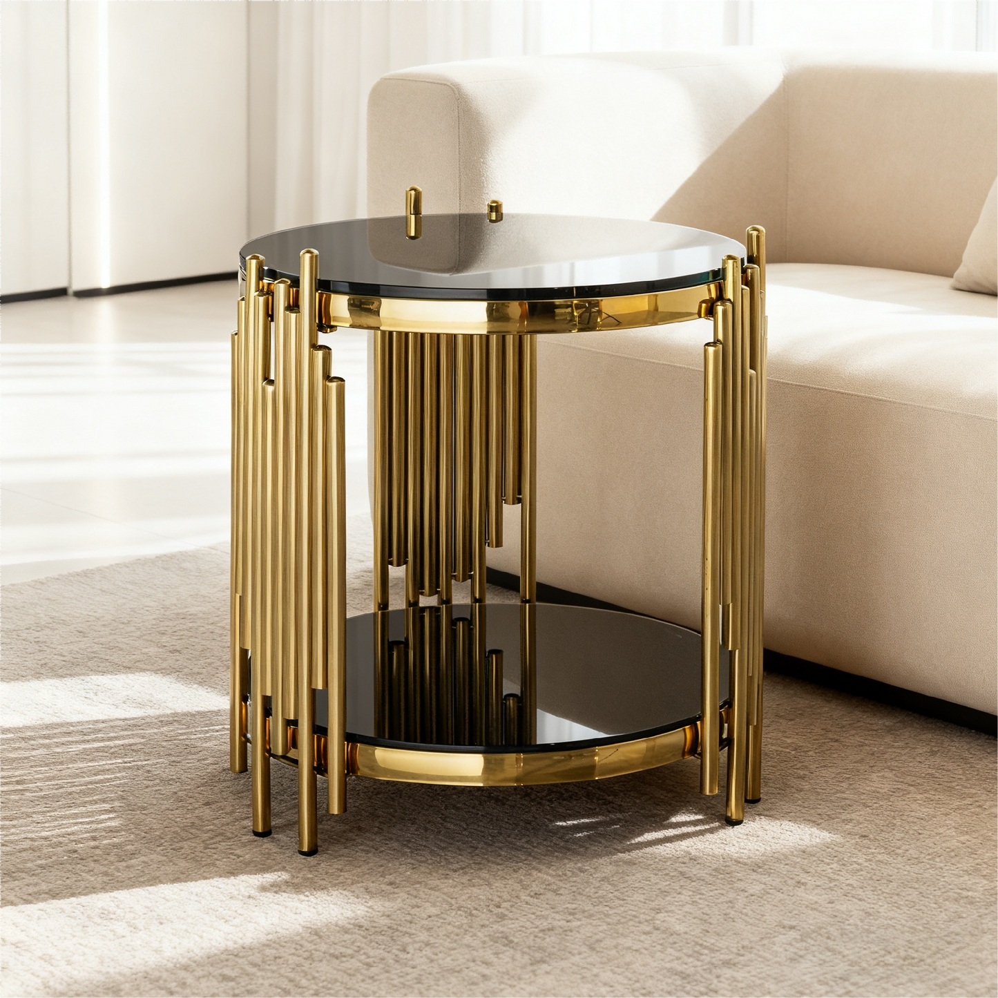 Modern Round Glass End Table For Living Room, Black And Gold Side Table Glass Top, Luxury Circle Tea Table With Stainless Steel Legs, Small Office Table, Sturdy Glass Top Bedside Table, Sofa Table