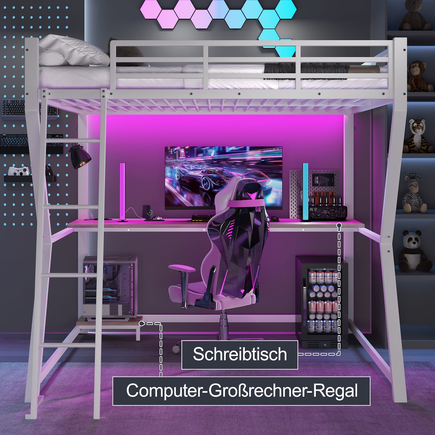 Loft Bed, 140x200cm, With LED Lights, Computer Console Shelf, Desk, Socket USB, Railing, Stairs, Without Mattress, White