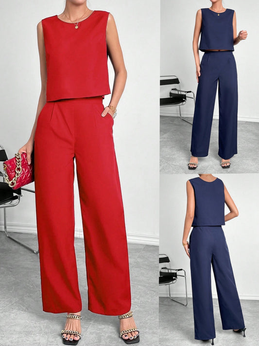 Women's Sleeveless Round Neck Crop Top & Wide Leg Pants Two Piece Set - Casual Solid Color Office Wear Outfit