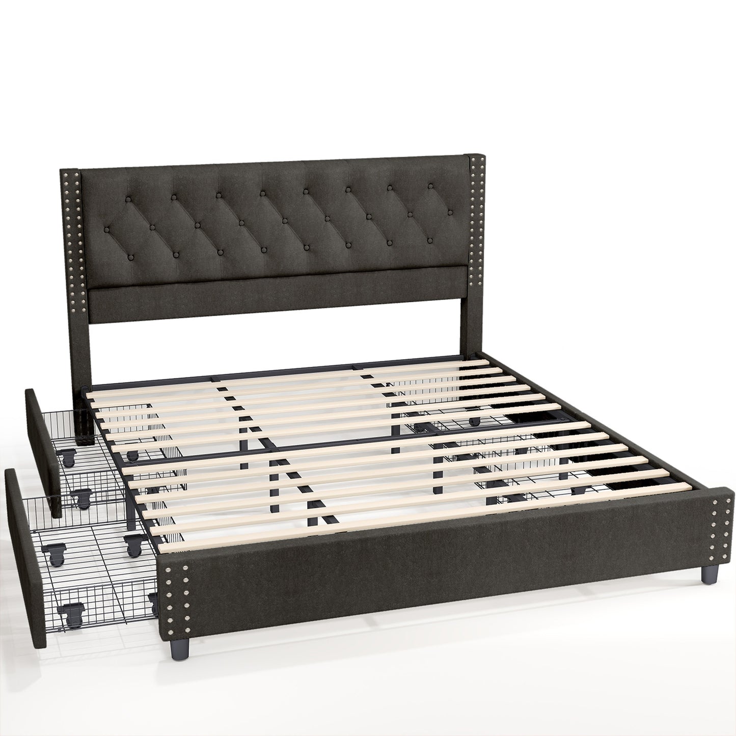 King Size Bed Frame With Upholstered Button Tufted Headboard Wood Slat Support Metal Platform Bed Frame With 4 Drawers No Box Spring Needed Easy Assembly For Home