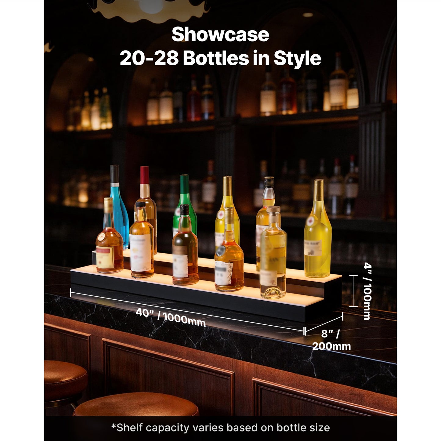 LED Lighted Liquor Bottle Display, 2 Tiers 40 Inches, Supports USB, Acrylic Illuminated Home Bar Shelf Display With RF Remote & App Control, 9 Static Colors, Timing Mode, For 20-28 Bottles