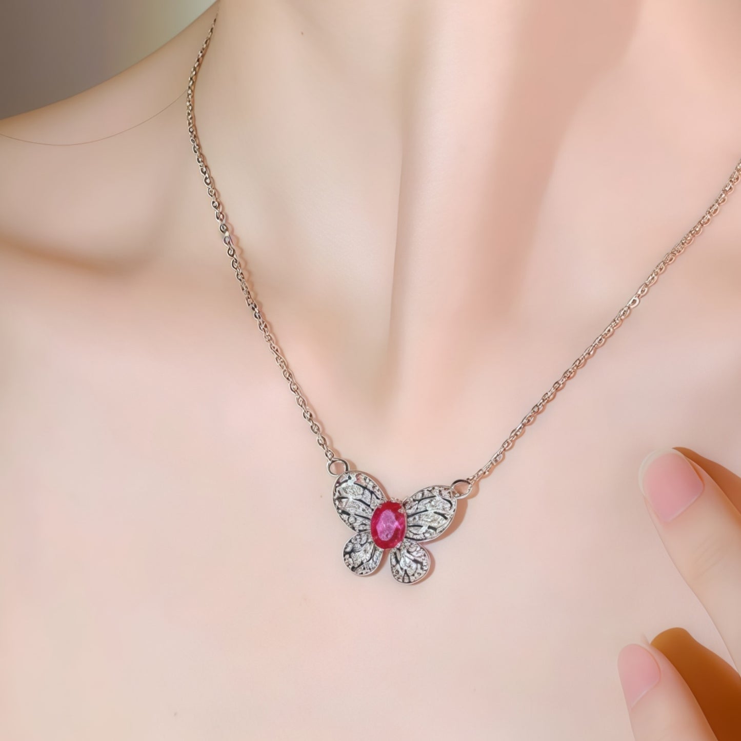 Oval Cut Hot CZ Butterfly Pendant Necklace For Women, Copper Plated Silver Full Pave White Cubic Zirconia Elegant Wedding Party Statement Jewelry Gift
