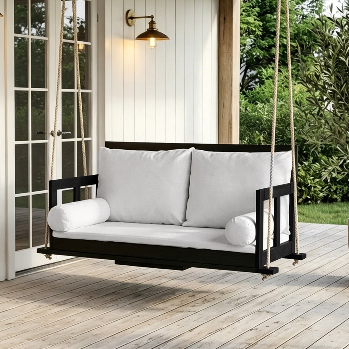 Swing Double Seat, Hanging Swing For The Outdoor Garden, Including Cushions And Two Ropes, Frame Not Included. The Cushion Is Removable And Washable. Made Of Acacia Wood, Black Beige