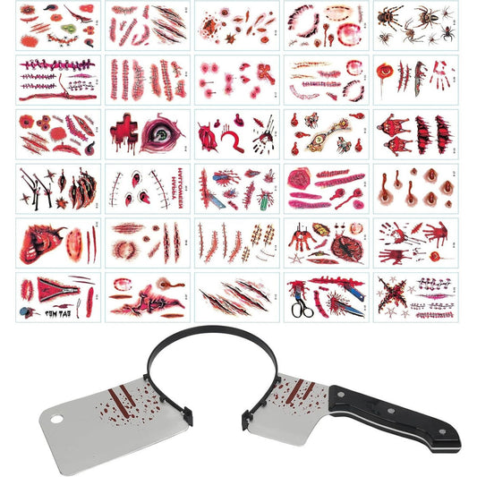 31TLG Halloween Knife In The Head, Bloody Headband With 30pcs Halloween Zombie Scars Tattoos, Spooky Zombie Accessories, Horror Costume, Spooky Costume—Party Gift