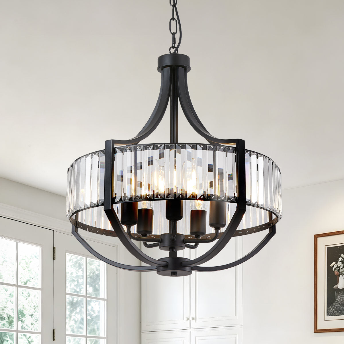 20" Modern Farmhouse Crystal Chandeliers for Dining Room, 5-Light Black Antique Pendant Chandelier, Contemporary Hanging Light Fixture for Living Room Bedroom Foyer Kitchen Island Entryway