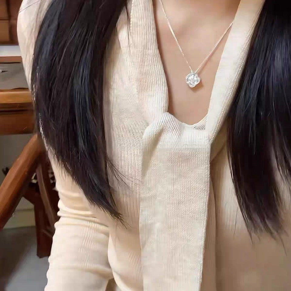 1pc 999 Sterling Silver Diamond-Encrusted Four-Leaf Clover Pendant Necklace, Luxurious Sweet Style, Perfect For Daily Wear & Valentine's Gifts