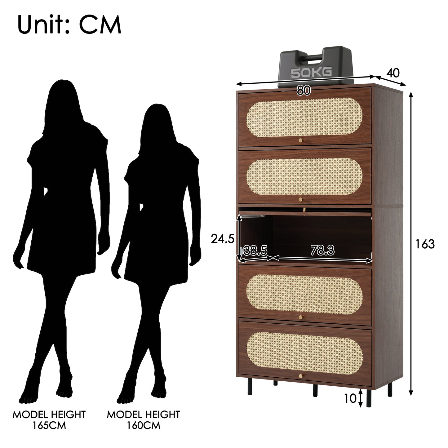 Sideboard Walnut With Rattan 80x40x163 Cm, Tall Cabinet 5 Flaps, Chest Of Drawers Wood Metal Legs, Large Storage Space, Living Room Hallway Kitchen Cabinet