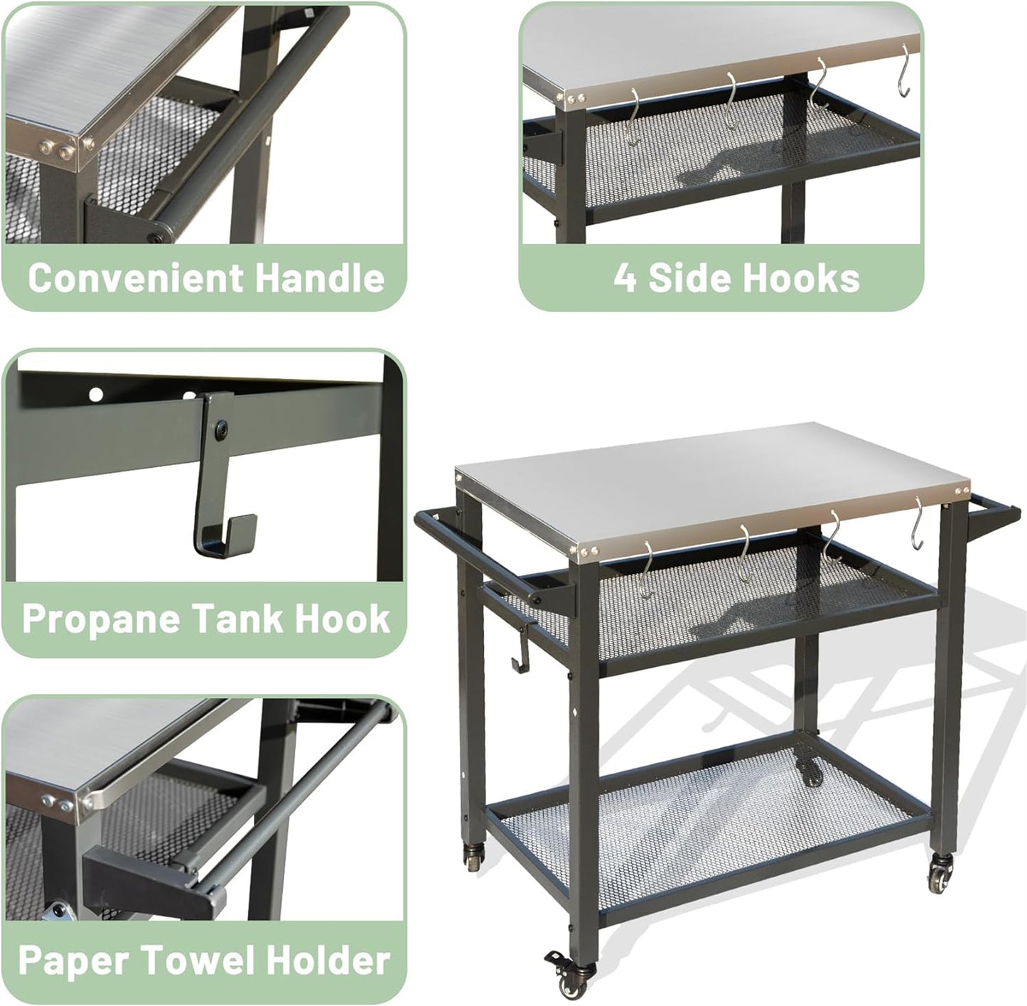 3-Shelf Outdoor Grill Table, Grill Cart With Wheels, Outdoor Pizza Oven And Food Prep Table, Blackstone Table With Stainless Steel Tabletop, Grill Stand For Blackstone Griddle For Outside BBQ