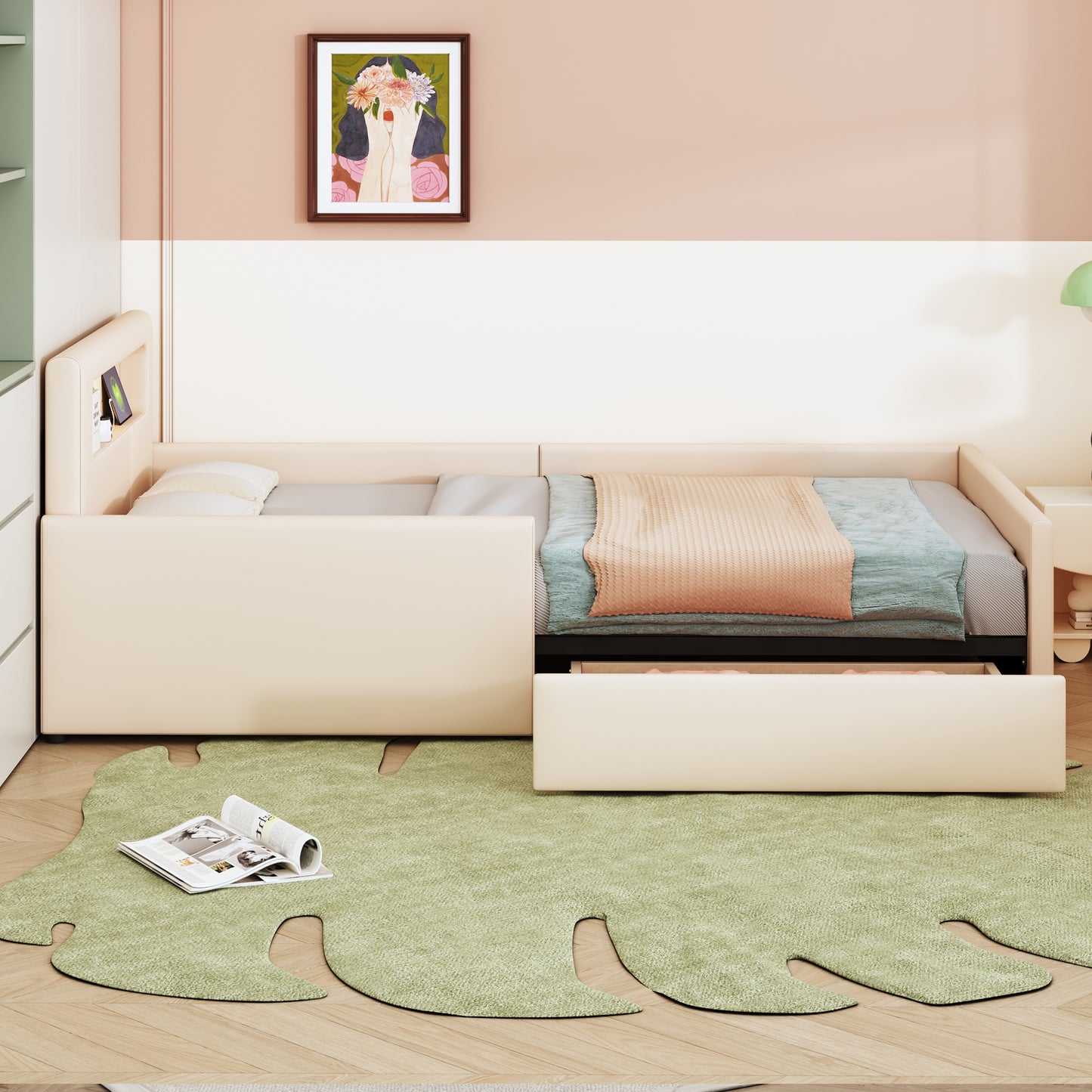 Upholstered Bed Children's Bed 90X200 Cm, With Night Light And USB Charging Port, With Storage Compartments, Raised Side Panels For Security, Simple Single Bed, Boy And Girl Bed, Faux Leather Fabric,
