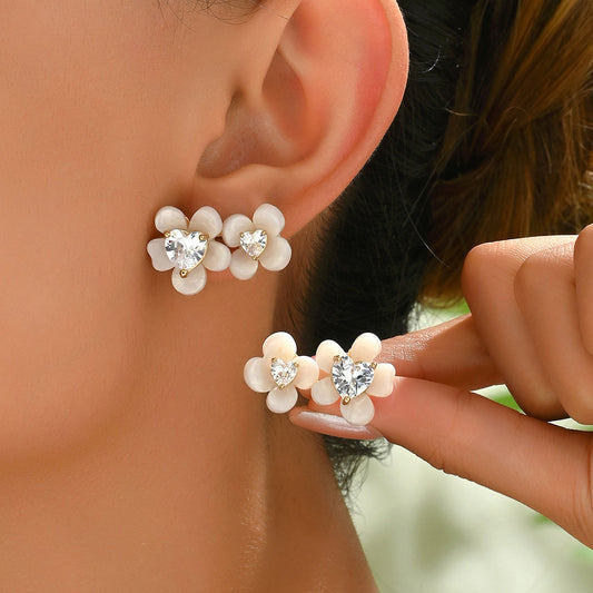 New Cross-border Japanese Korean Women Stud Earrings, Niche Floral Geometric Design Inlaid Cubic Zirconia, Elegant Versatile Daily Ear Jewelry For Ladies