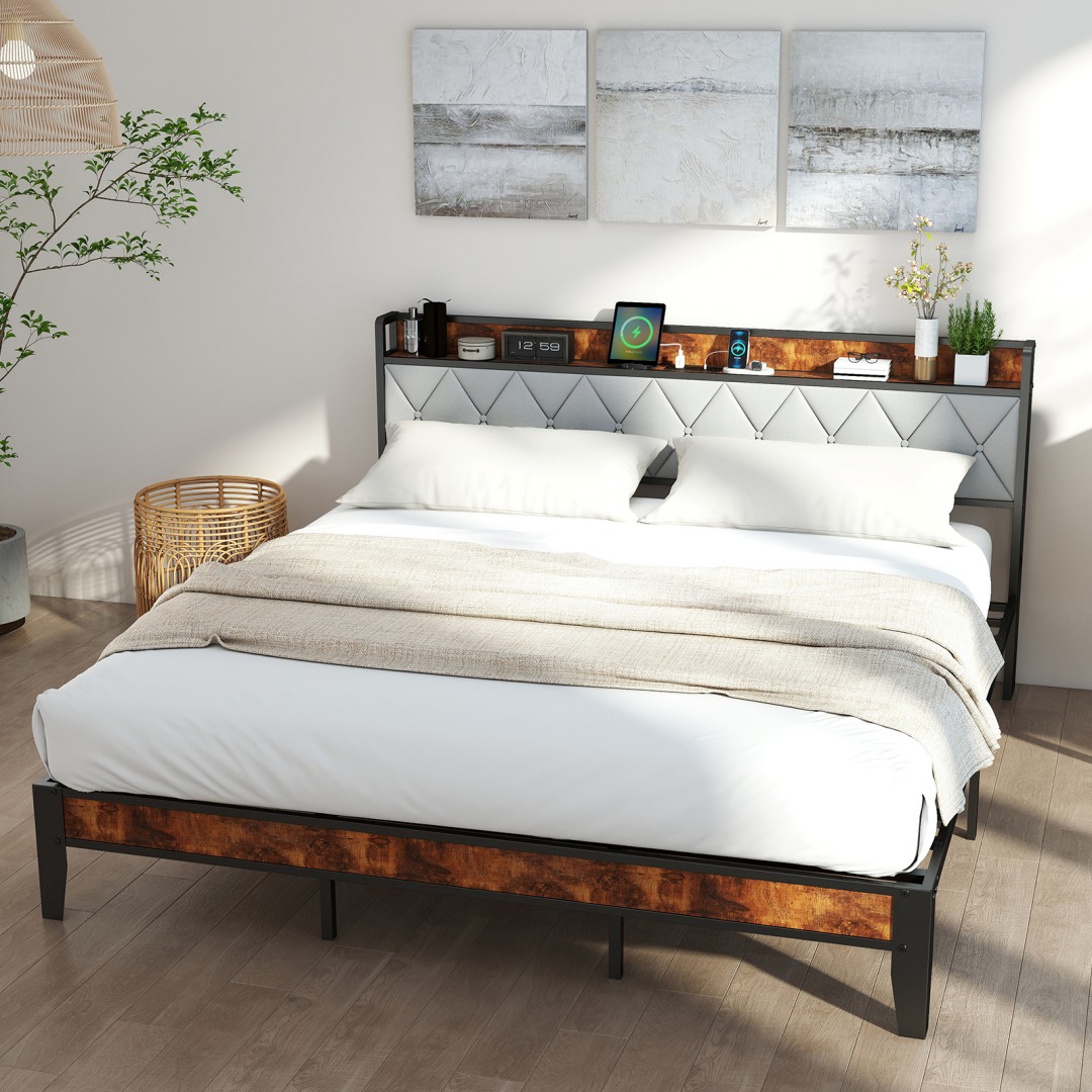 Soft-padded Headboard With Storage, Charging Port, Iron Frame Bed
