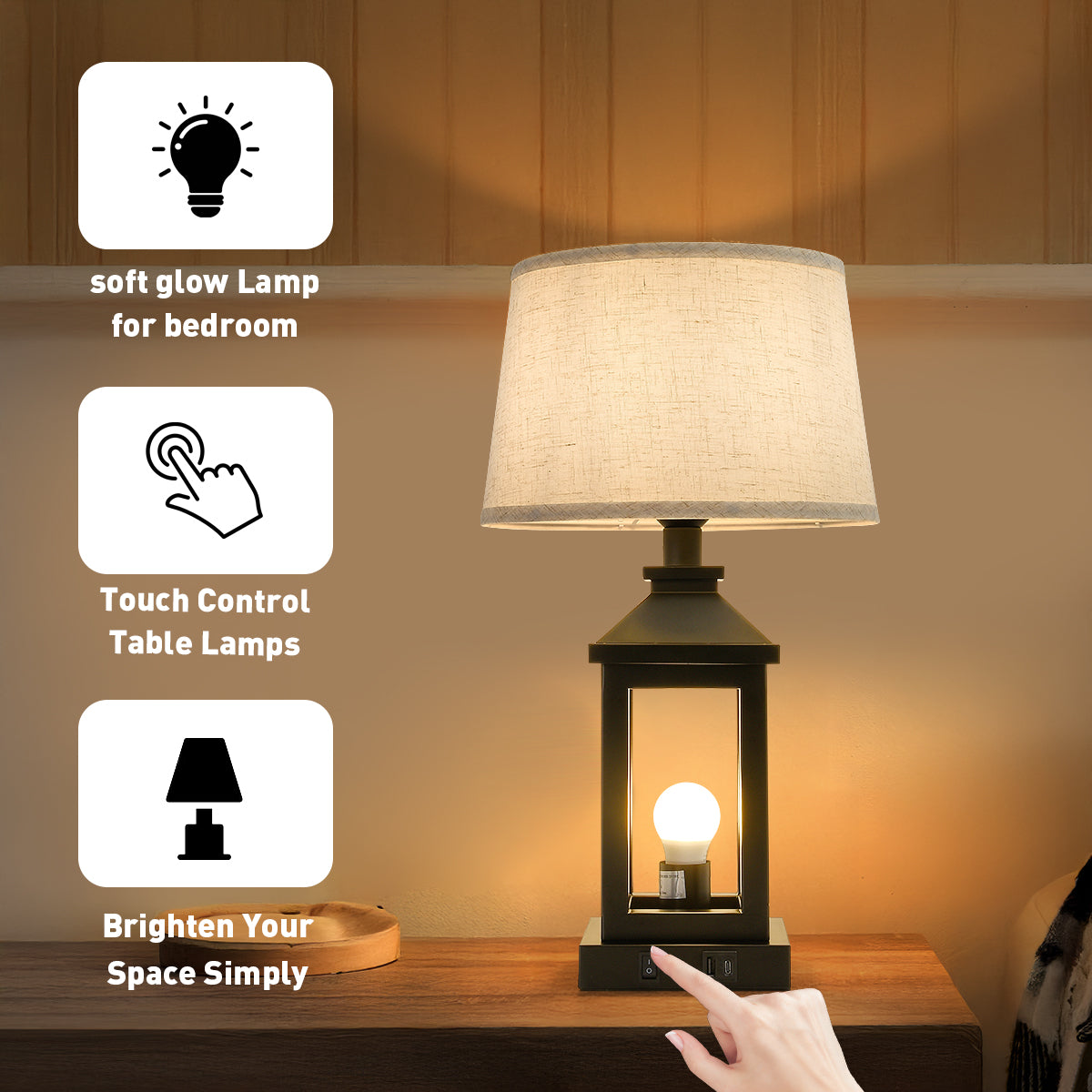 20.5in Black Farmhouse Bedside Table Lamp For Living Room, 3-Way Dimmable Touch Control Modern Nightstand Lamp With 2 Light For Bedroom, Home, Office Bulbs Included
