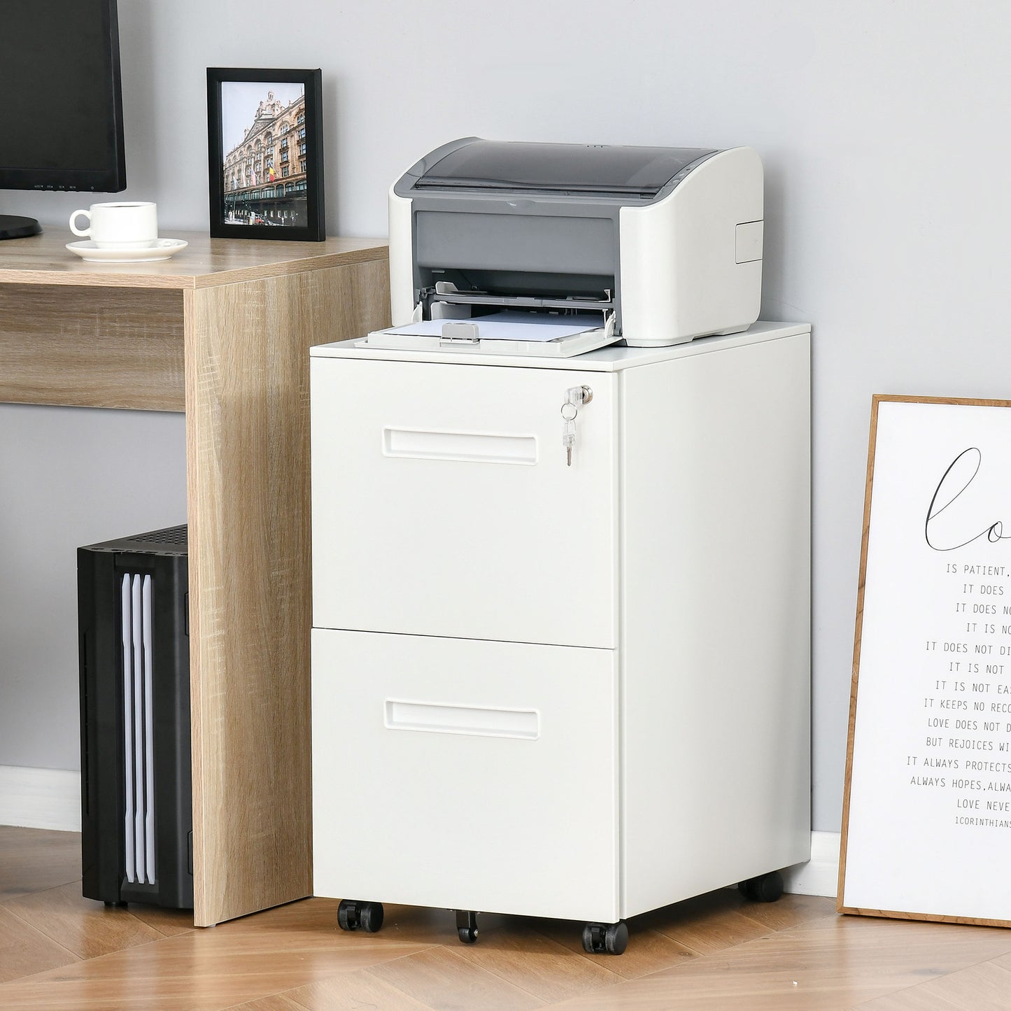 Vinsetto Metal Mobile File Cabinet With Wheels, Lockable 2 Drawer Filing Cabinet For A4, Legal, Letter, Compact Under Desk Storage Unit With Pre-Assembled Body For Home Office, 39 X 48 X 67cm, White