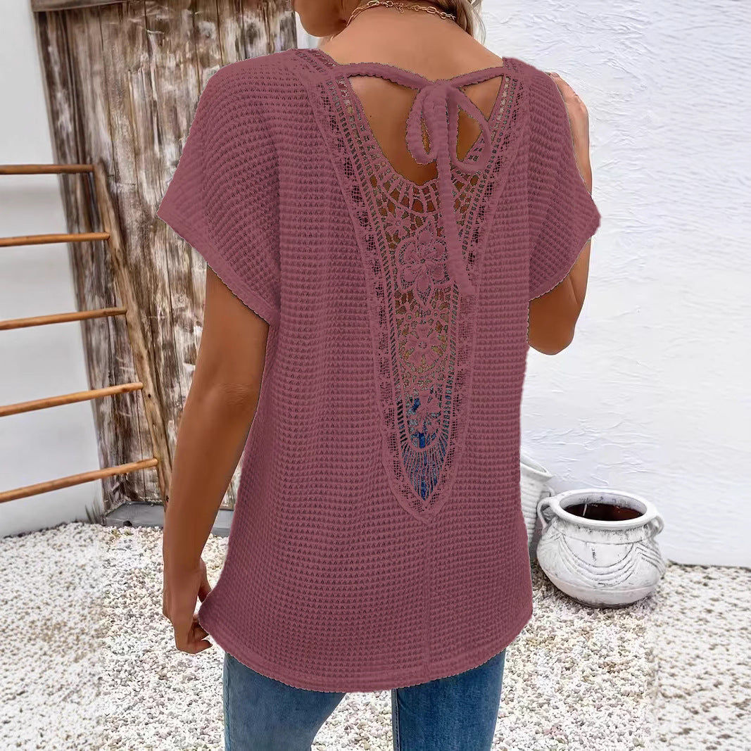Womens Lace-Panel V-Neck Fashion T-Shirt